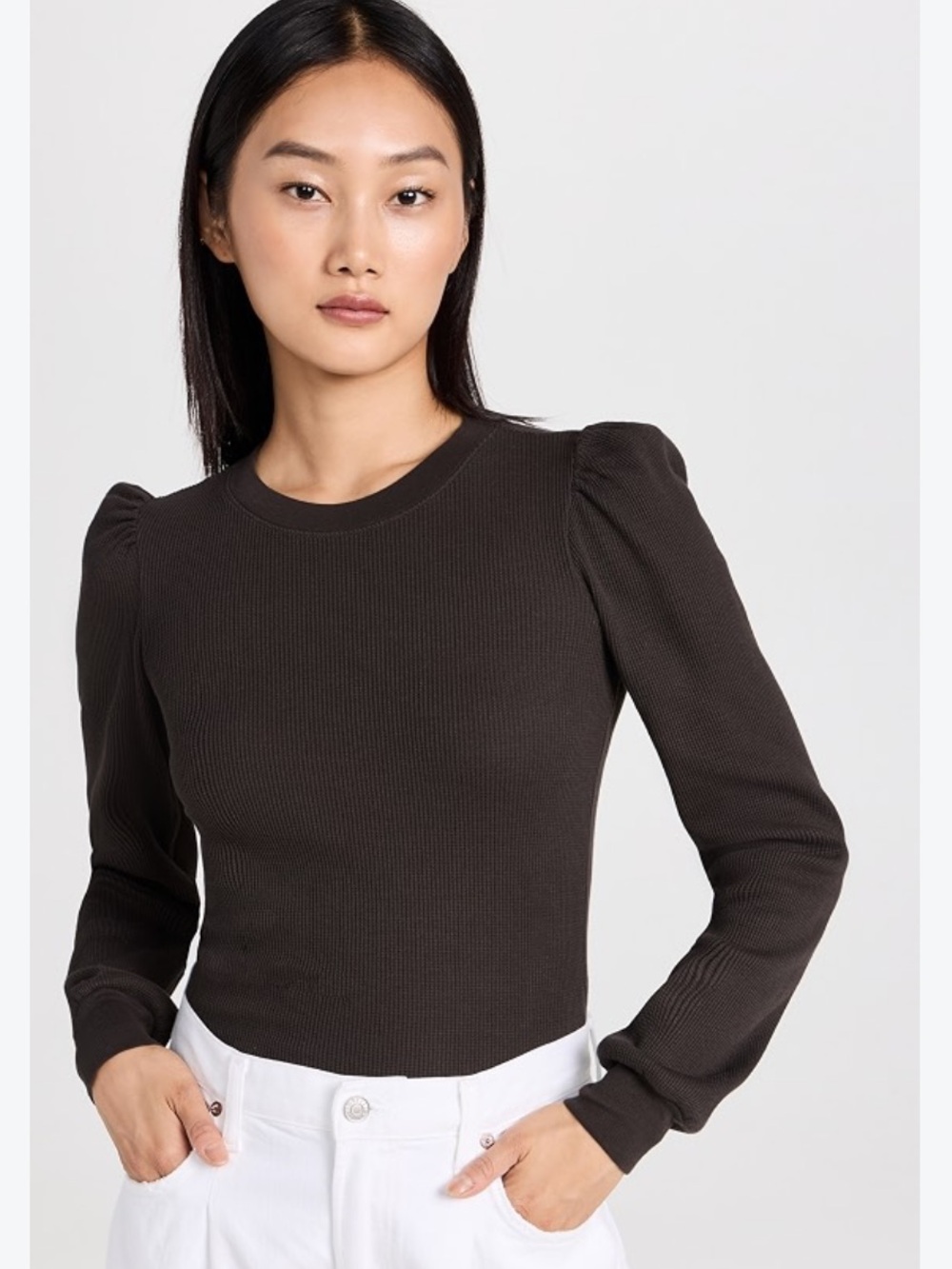AMO Puff Sleeve Brown Thermal Top